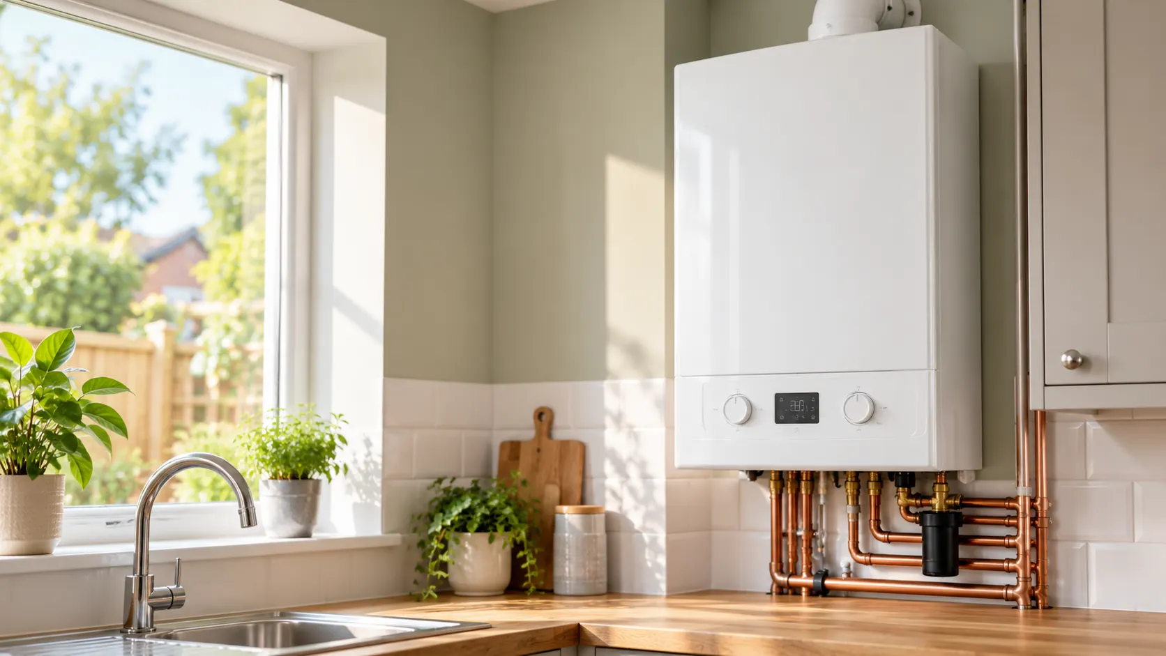 A wall-mounted combi boiler with copper pipework in a bright kitchen