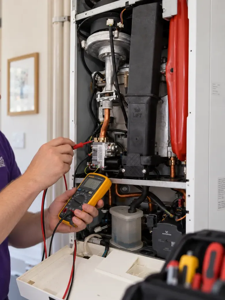 A multimeter testing the electrical connections inside an open combi boiler