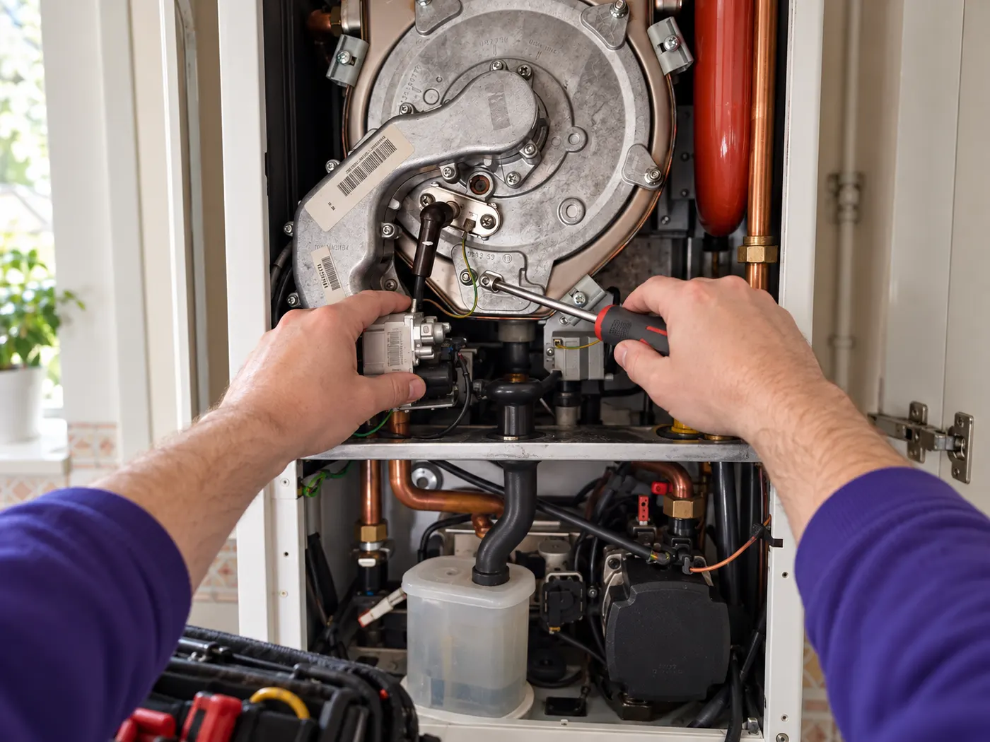 An engineer's hands fitting and connecting components inside a boiler