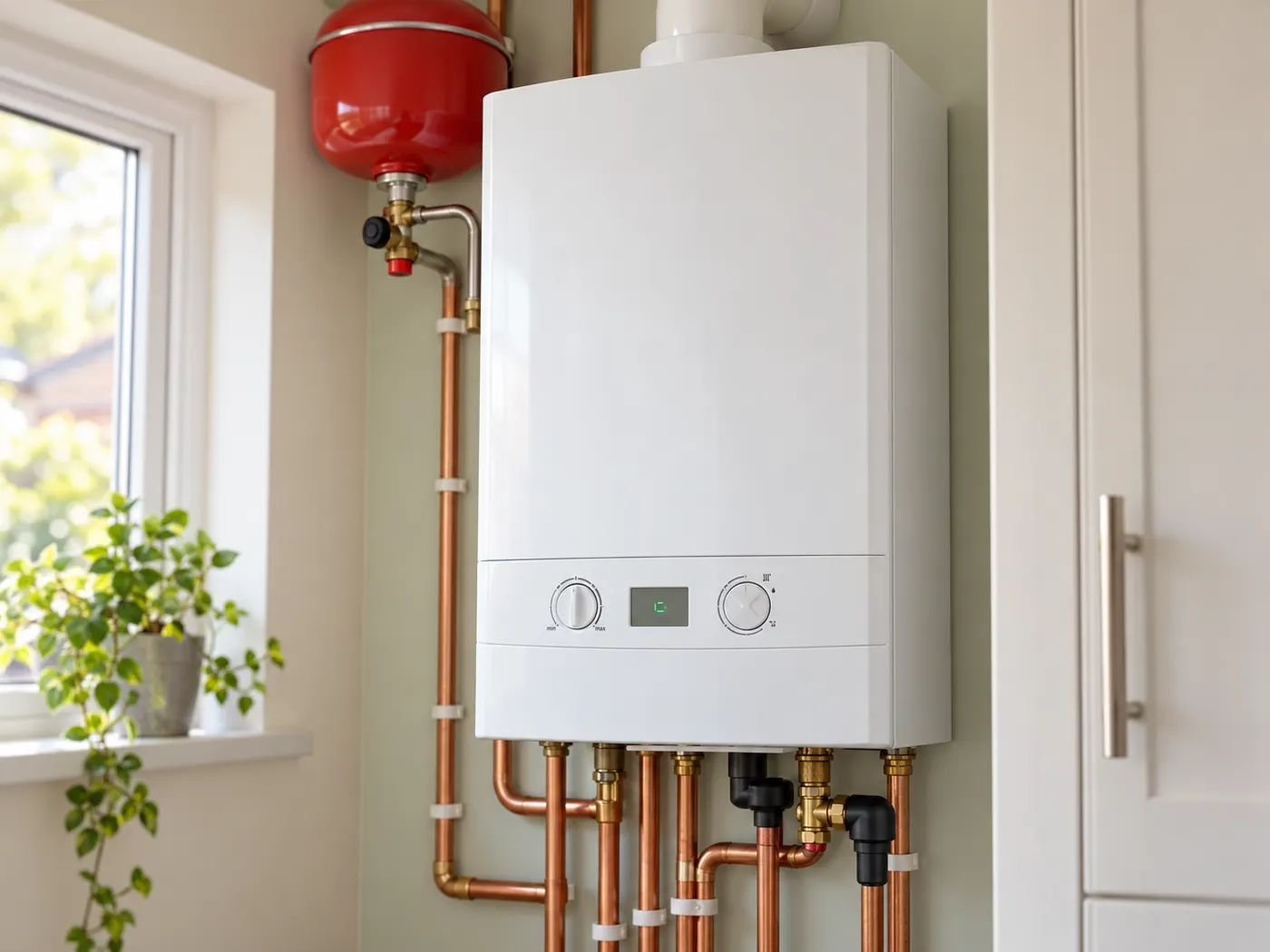 A wall-mounted combi boiler with copper pipework, ready for an annual service