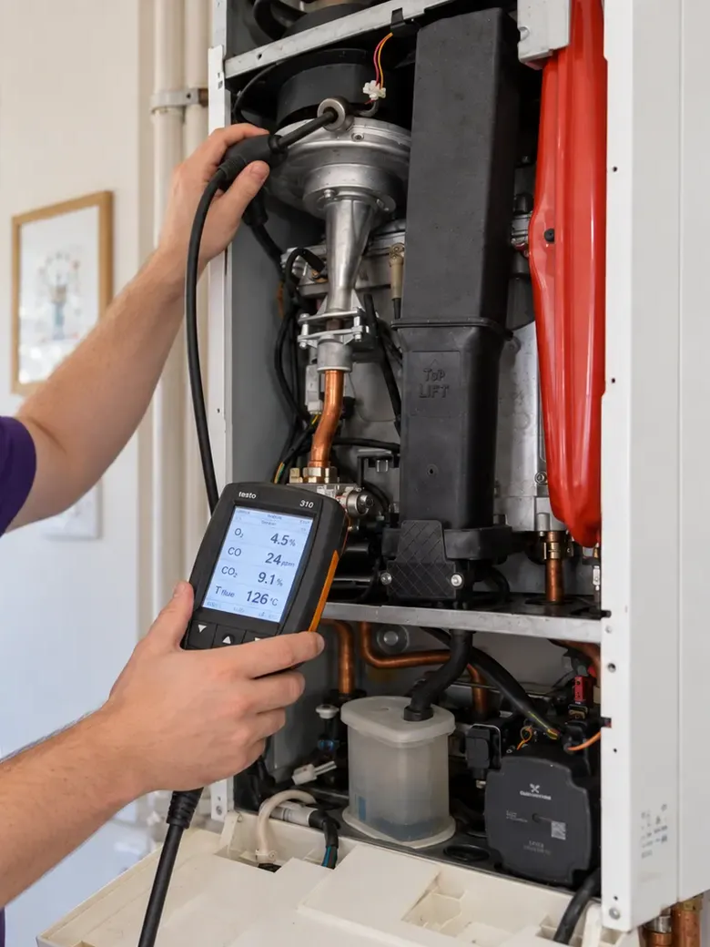 A flue gas analyser taking readings from an open combi boiler