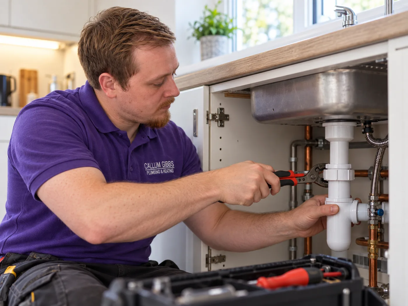 An engineer tightening a waste trap under a kitchen sink with a wrench
